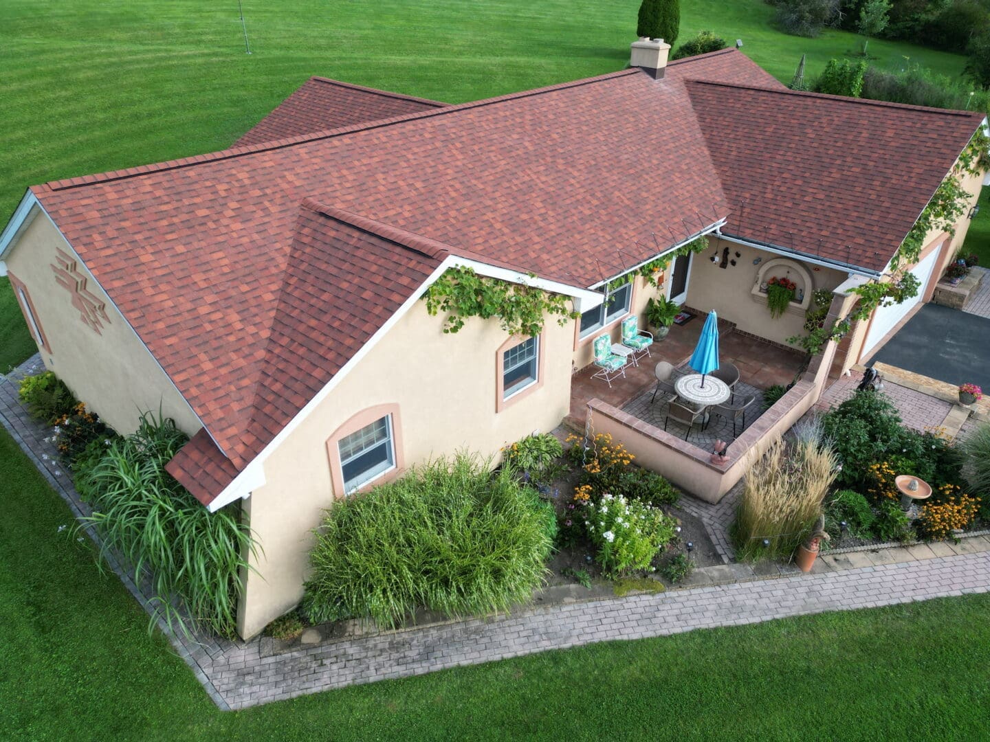 Top-down view of home with new shingles