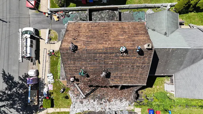 Active roof replacement jobsite at a home in Jermyn PA